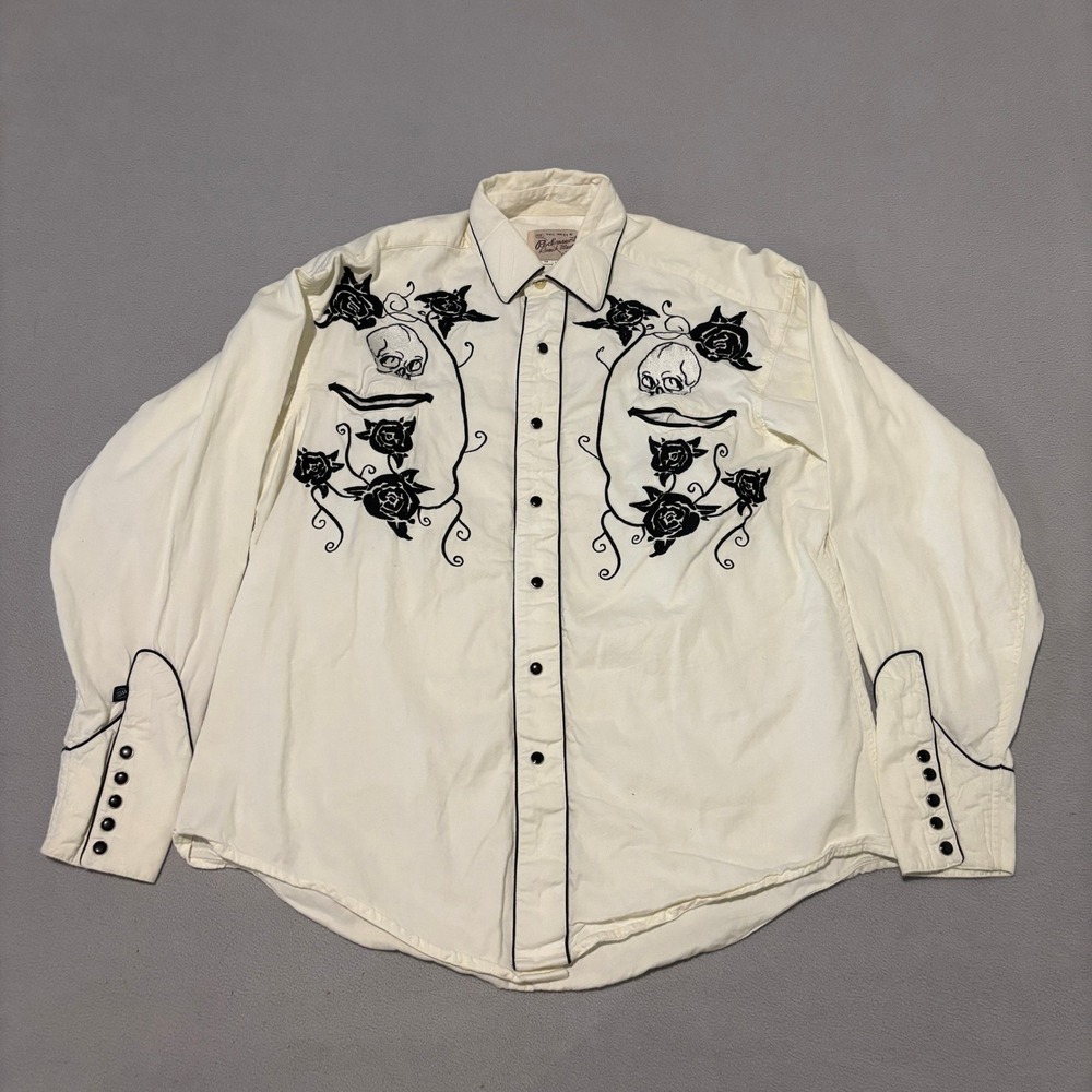 Rockmount‎ Ranch Wear Mens White Embroidered Western Pearl Snap Shirt Medium